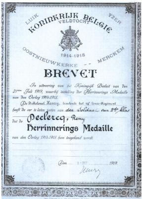 Brevet Remy Declercq, Staden, 31 okt 1919