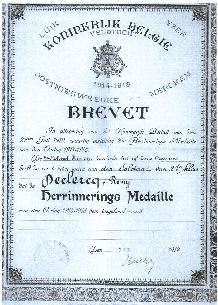 Brevet Remy Declercq, Staden, 31 okt 1919