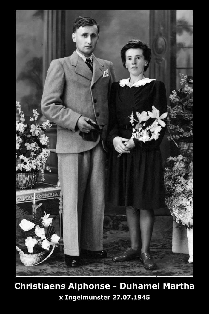 Huwelijk Alphonse Christiaens - Martha Duhamel, Ingelmunster, 1945