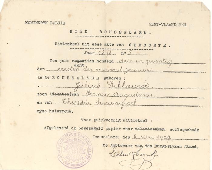 Uittreksel geboorteakte, 1927