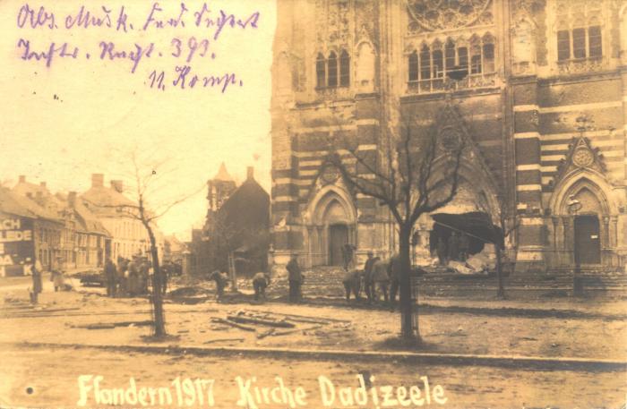 Beschadigde kerk, Dadizele,  1917