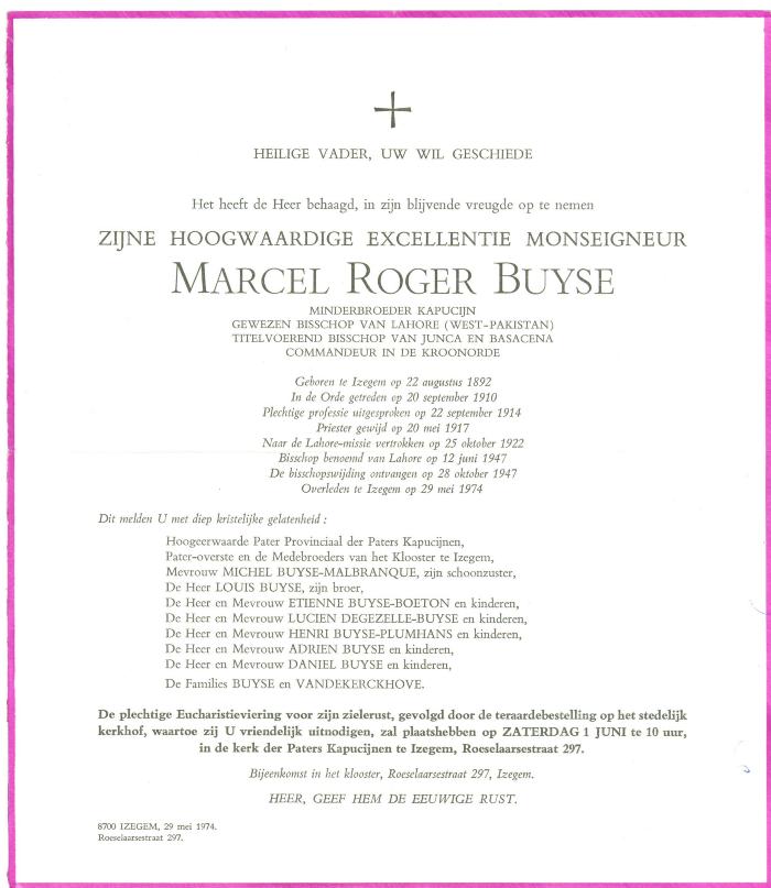 Overlijdensbrief Monseigneur Buyse, 1974