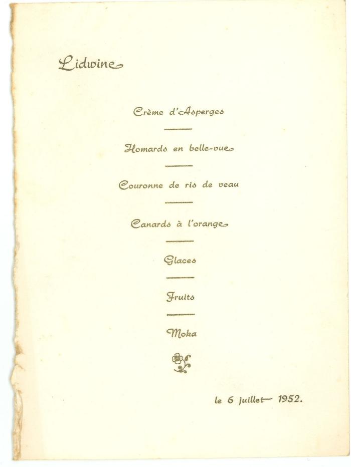Franstalige menukaart 1952