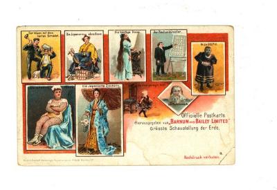 Officiële postkaart van het Barnum en Bailey circus met artiesten