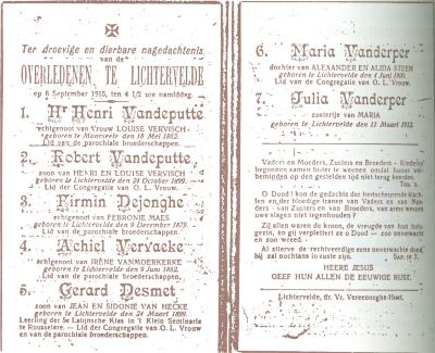 Bidprentje overledenen in Lichtervelde op 6 september 1915