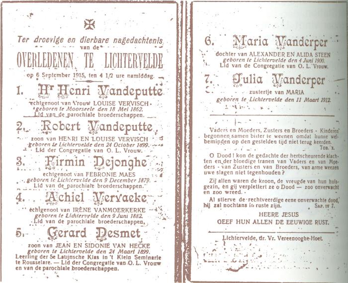 Bidprentje overledenen in Lichtervelde op 6 september 1915