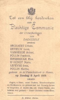Herdenking aan Plechtige Communie van vluchtelingen, Herne 6 april 1919