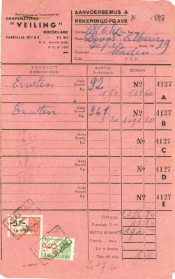 Aanvoerbewijs en rekeningopgave samenwerkende vennootschap cooperatieve Veling , Roeselare, 1946  