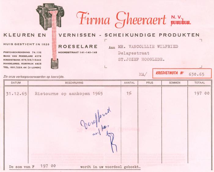 Creditnota van de NV Gheeraert, Roeselare, 1965 