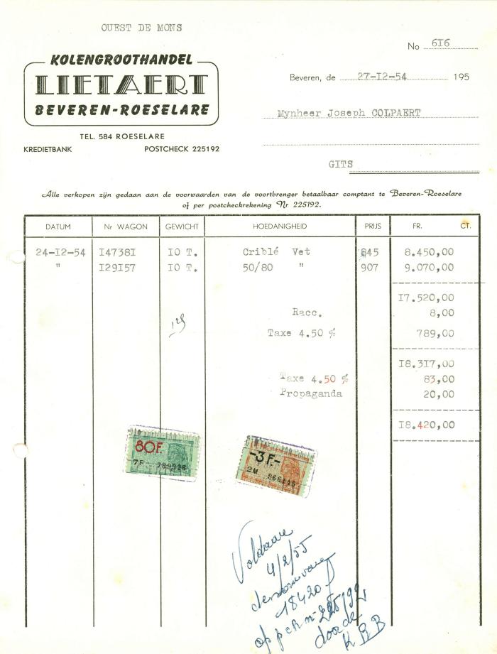 Factuur van kolengroothandel Lietaert,  Roeselare, 1954

