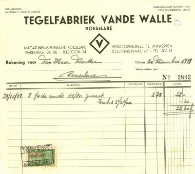 Factuur van Tegelfabriek Vande Walle , Roeselare, 1938 