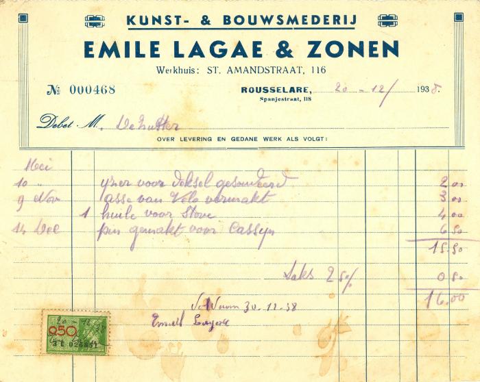 Factuur van Emile Lagae & Zonen, Roeselare, 1938
