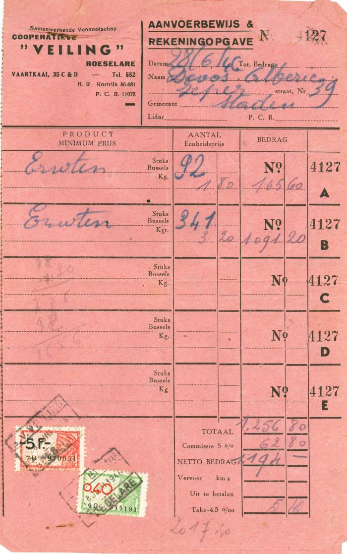 Aanvoerbewijs en rekeningopgave samenwerkende vennootschap cooperatieve Veling , Roeselare, 1946  