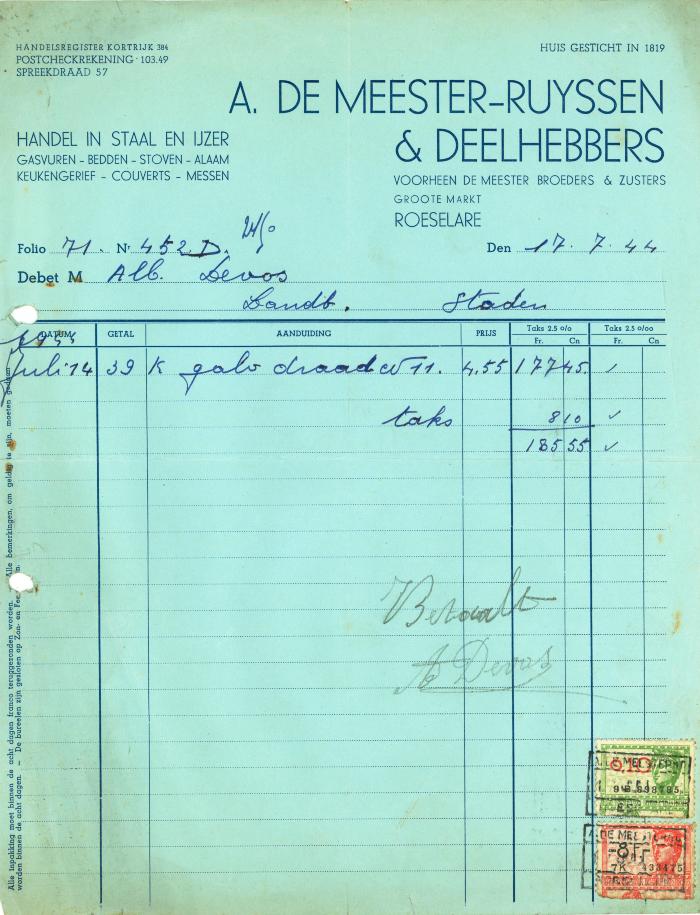 Factuur van A. Demeester-Ruyssen & Deelhebbers, Roeselare, 1944 en 1946