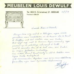 Een schrijven van meubelen Louis Dewulf, Roeselare, 1958