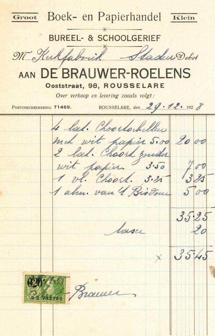 Factuur van boek- en papierhandel De Brauwer-Roelens, Roeselare, 1928

