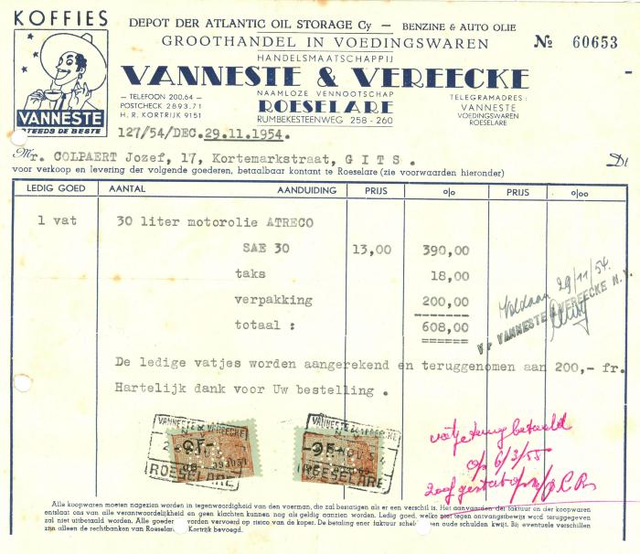 Factuur van handelsmaatschappij Vanneste & Vereecke,  Roeselare, 1954
