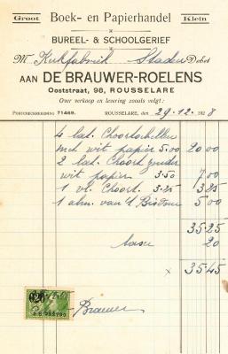 Factuur van boek- en papierhandel De Brauwer-Roelens, Roeselare, 1928
