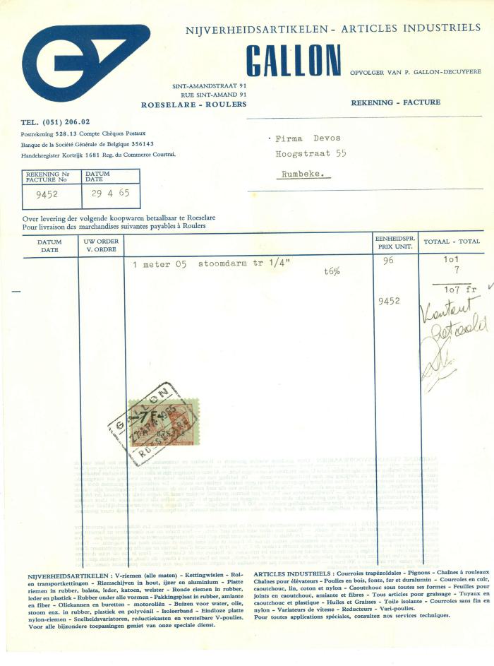 Factuur van nijverheidsartikelen Gallon,  Roeselare, 1965
