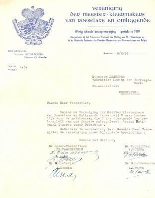 Een schrijven van de Vereniging der Meester-Kleermakers, Roeselare, 1959