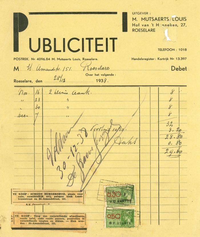 Factuur van Publiciteit M. Mutsaerts Louis , Roeselare, 1939