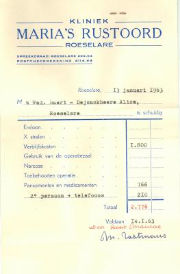 Factuur van kliniek Maria's Rustoord, Roeselare, 1963