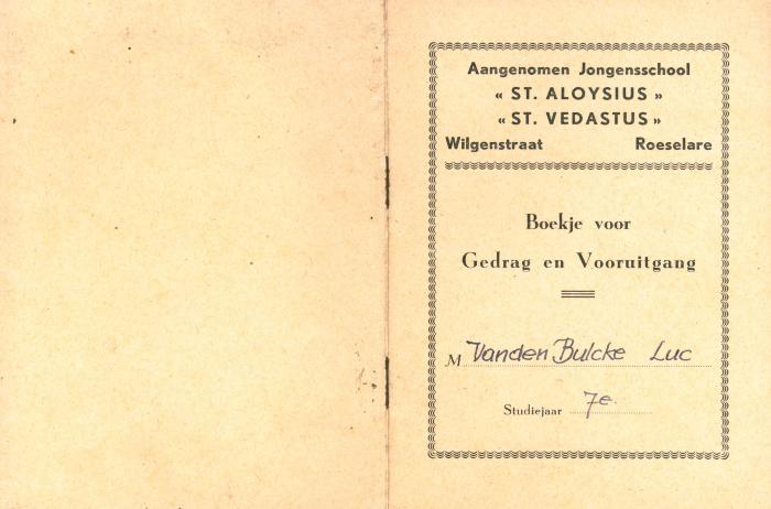 Boekje voor Gedrag en Vooruitgang in de Aangenomen Jongensschool St Aloysius en St Vedastus Roeselare, 1959