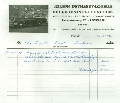 Handgeschreven factuur van Joseph Reynaert-Lobelle, Roeselare, 1963 