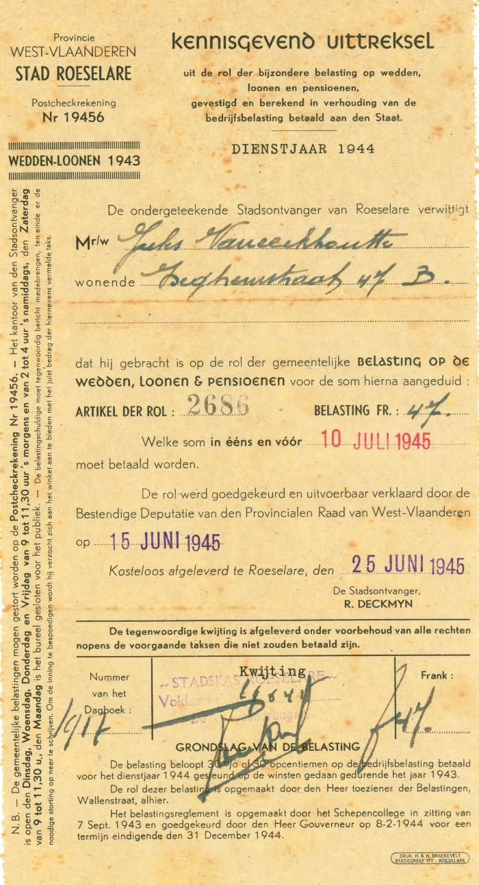 Uittreksel uit de rol der bijzondere belasting op wedden, Roeselare, 1945 en 1949