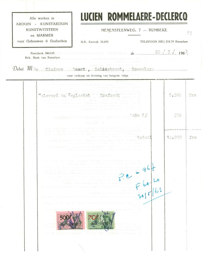 Factuur van Lucien Rommelaere-Declercq, Roeselare, 1963 