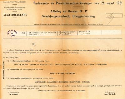 Uitnodiging parlements- en provincieraadsverkiezing, Roeselare, 1961