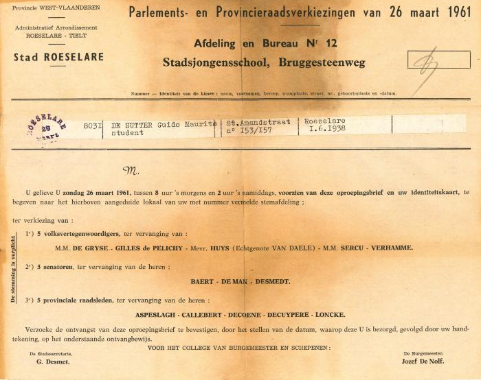 Uitnodiging parlements- en provincieraadsverkiezing, Roeselare, 1961