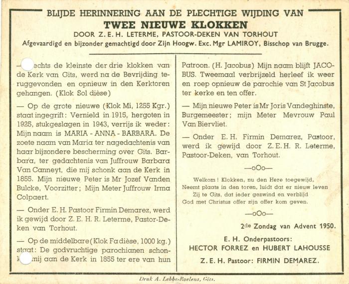 Wijding nieuwe klokken, Gits, 1950