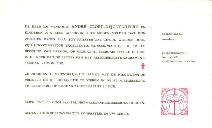 Uitnodiging bijwonen priesterwijding van E.H. Luc Cloet, Roeselare, 1964