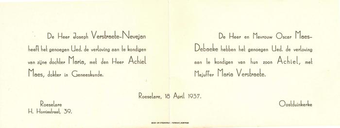Aankondiging verloving Maria Verstraete en Achiel Maes,  Roeselare, 1937