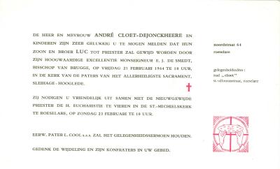 Uitnodiging bijwonen priesterwijding van E.H. Luc Cloet, Roeselare, 1964