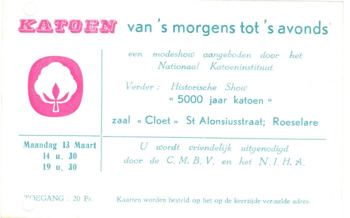 Uitnodiging modeshow aangeboden door het Nationaal Katoeninstituut,  Roeselare
