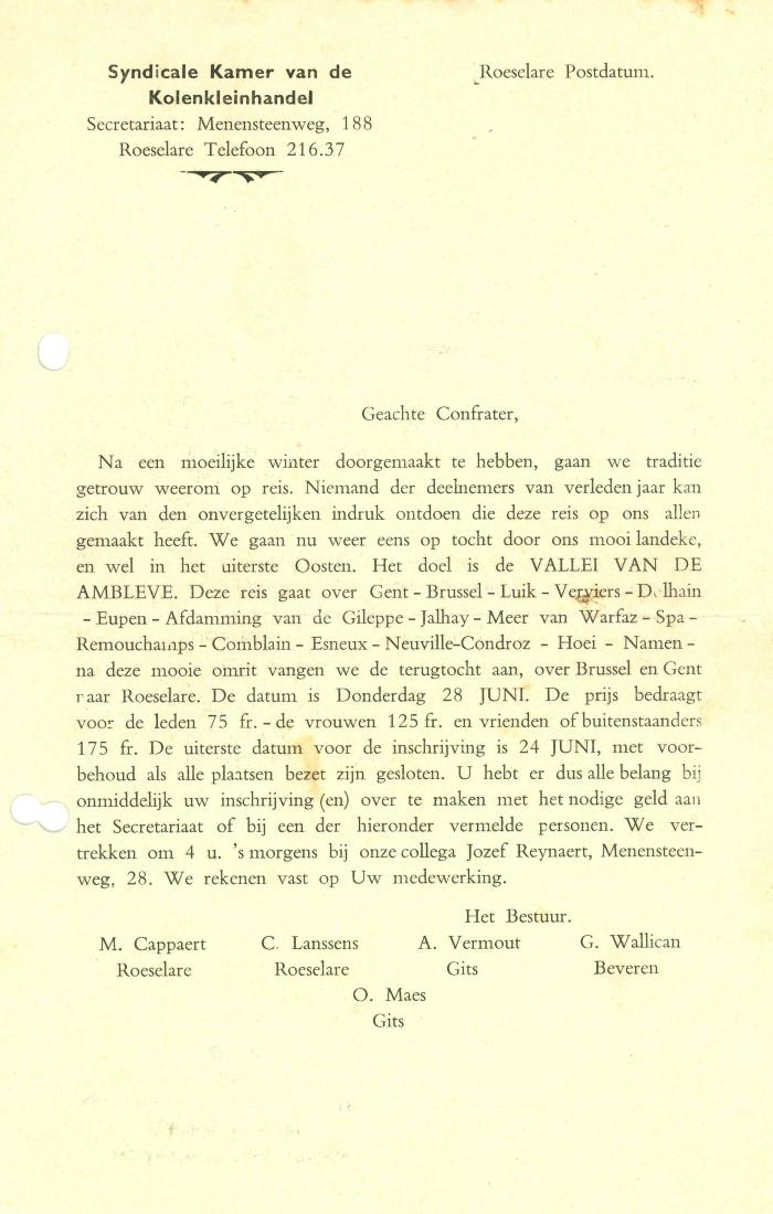 Schrijven, Syndicale kamer van de Kolenhandel, Roeselare