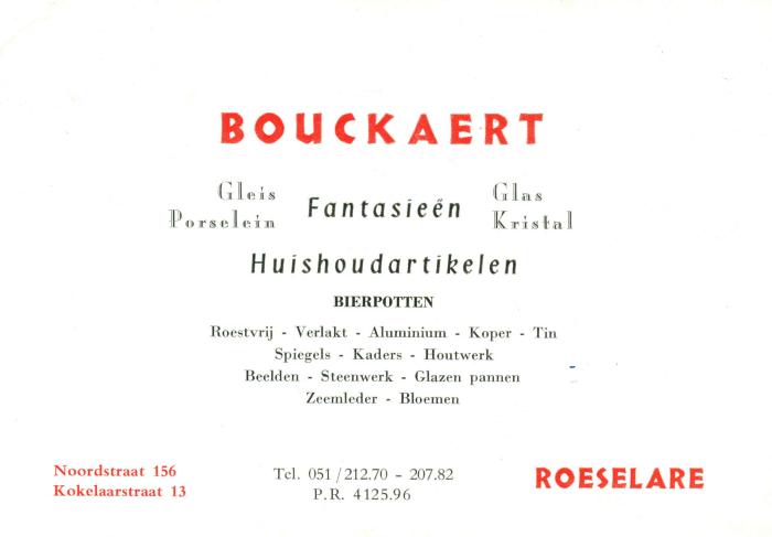 Bedrijfskaart huishoudartikelen Bouckaert,  Roeselare