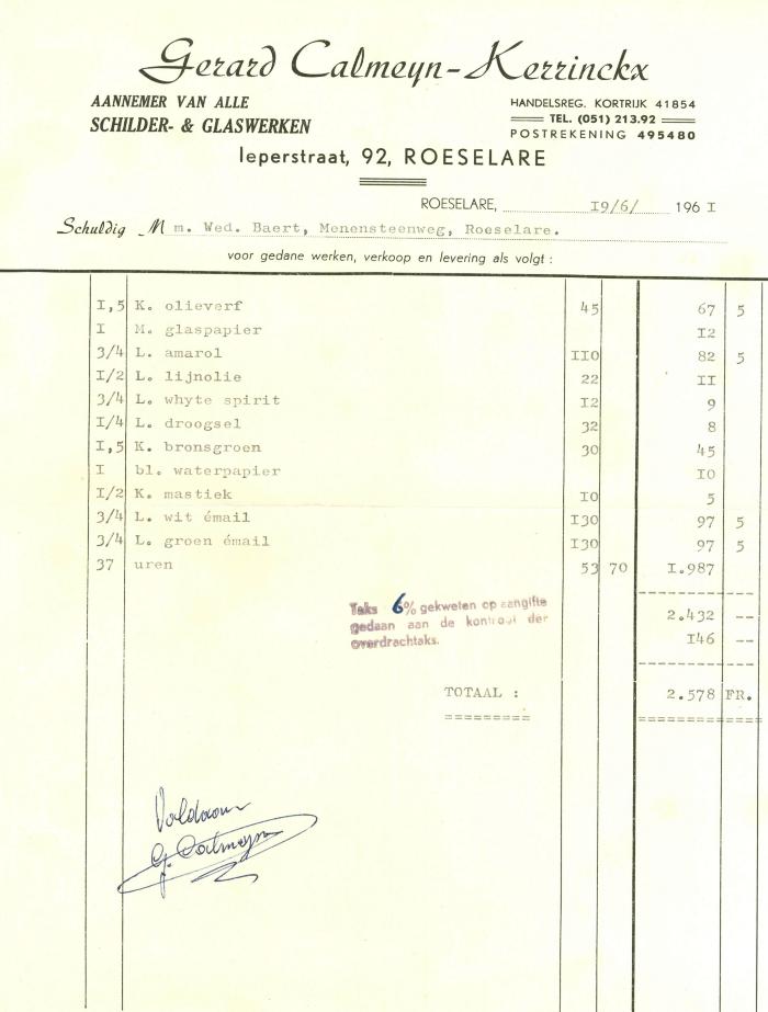Factuur van Gerard Calmeyn - Kerrinckx, Roeselare , 1961