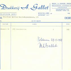 Factuur van Drukkerij A. Gallet, Roeselare , 1963
