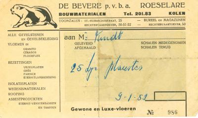 Afhaalbon van bouwmaterialen pvba De Bevere, Roeselare , 1959