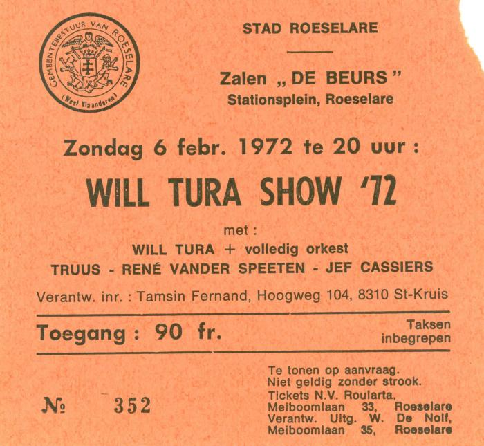 Een toegangsticket tot de Will Tura Show, Roeselare, 1972
