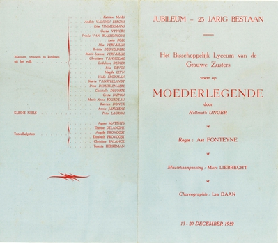 Programmabrochure van de opvoering Moerderlegende in het bisschoppelijk Lyceum, Roeselare , 1959