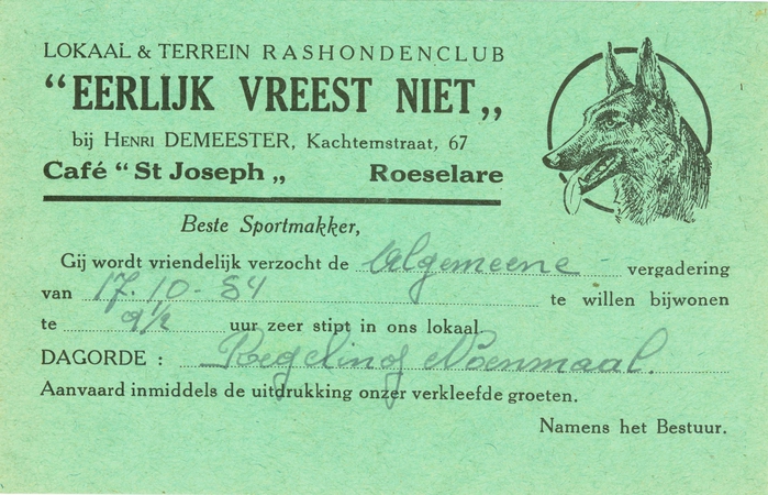 Uitnodiging algemene vergadering van de rashondenclub, Roeselare, 1954