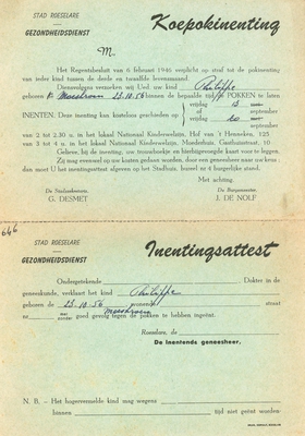 Uitnodiging tot koepokinenting, Roeselare, 1957