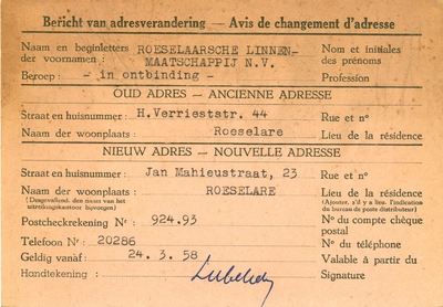 Bericht adresverandering, Roeselare, 1958