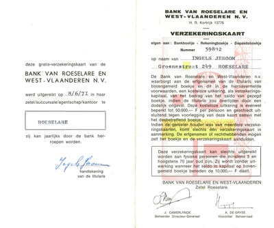 Verzekeringskaart Bank van Roeselare en West-Vlaanderen, Roeselare, 1971
