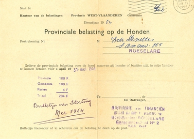 Aanslag provinciale en gemeentebelasting op honden, Roeselare, 1964