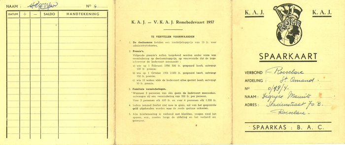 Spaarkaart Rome-bedevaart van KAJ en VKAJ, Roeselare, 1957